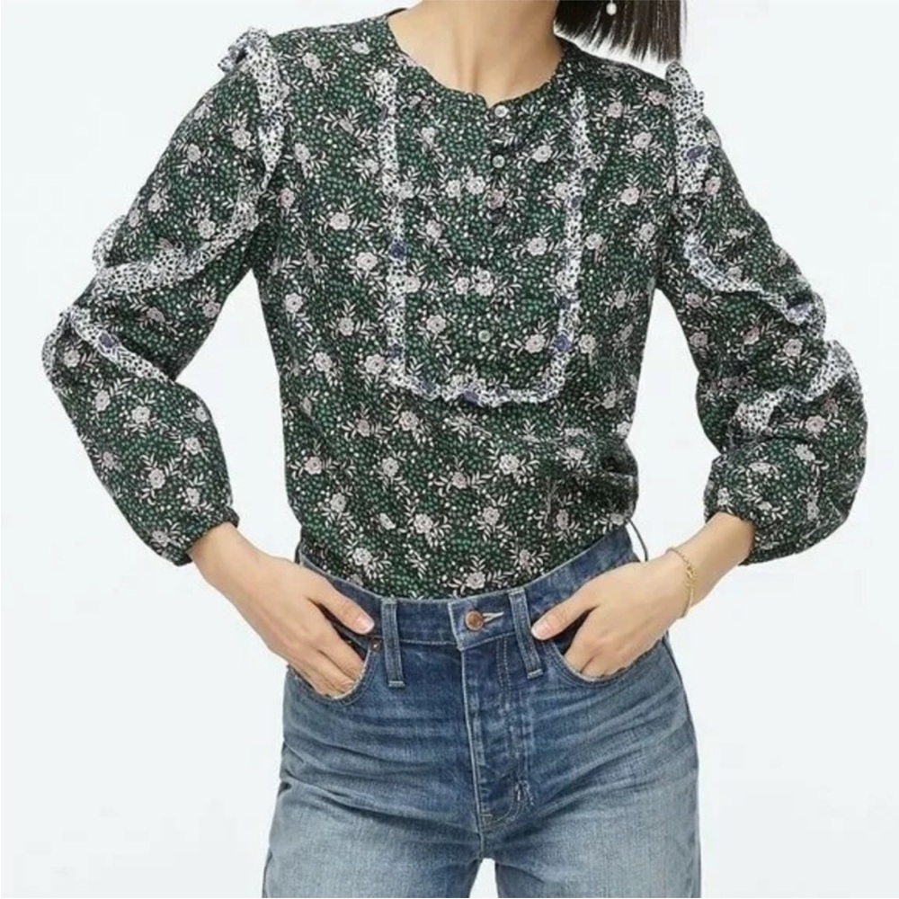 J. Crew Black Ivy Ruffle Sleeve Blouse In Mixed Franklyn Floral Size XXS
